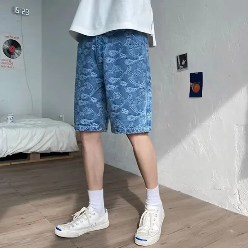 Textured Blue Denim Shorts