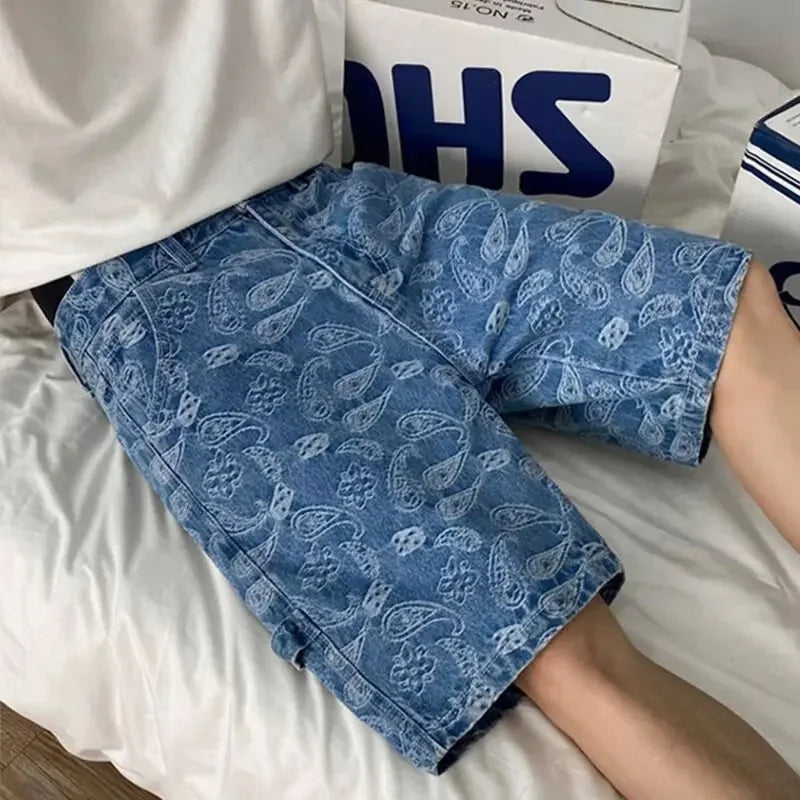 Textured Blue Denim Shorts