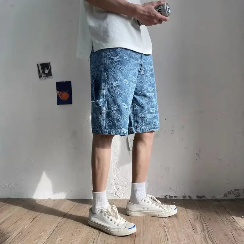 Textured Blue Denim Shorts