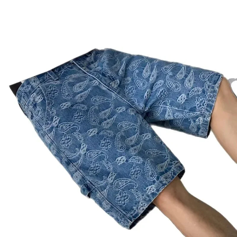 Textured Blue Denim Shorts