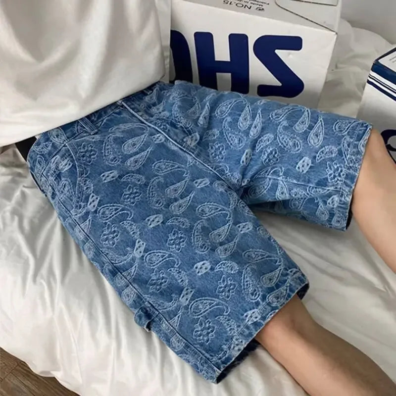 Textured Blue Denim Shorts